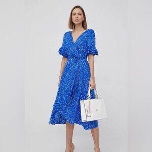 DKNY flutter sleeve faux wrap blue dress